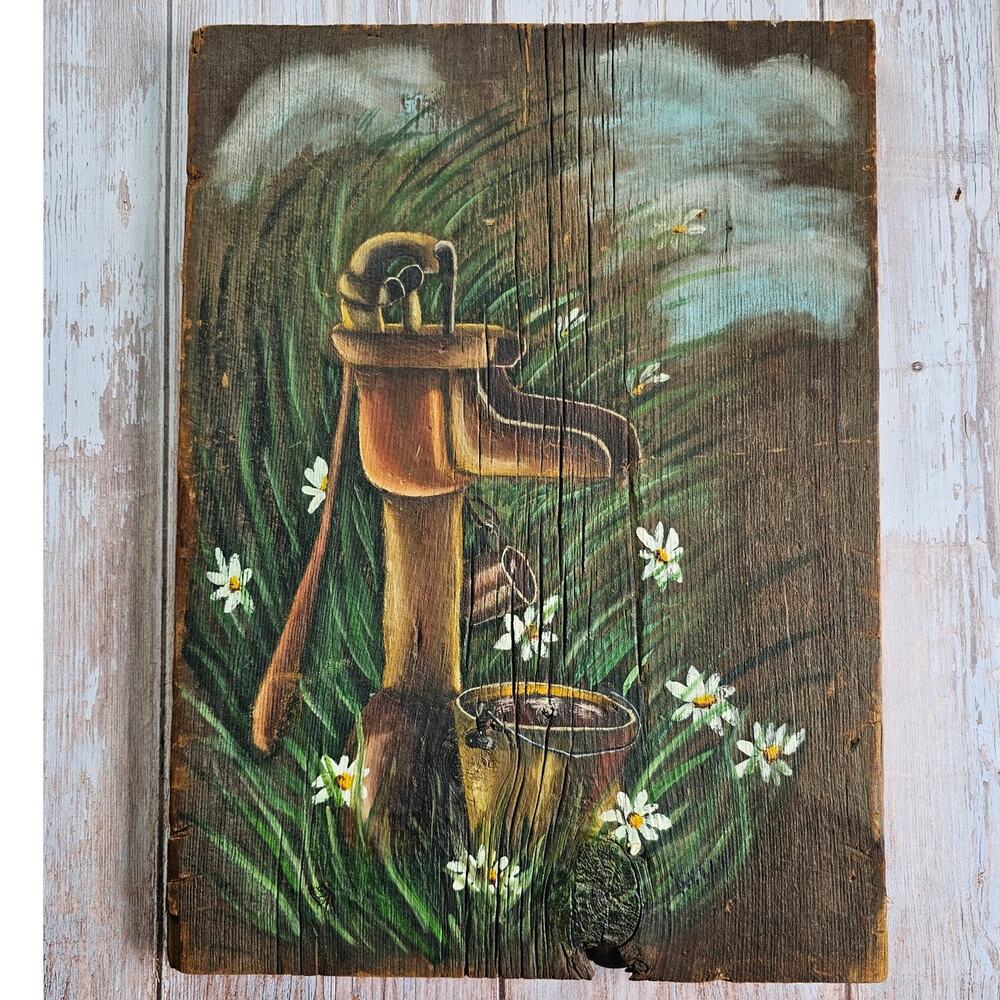 Vintage 1970s Hand Painted Wood Folk Art Rustic Farm Cottage Wall Decor